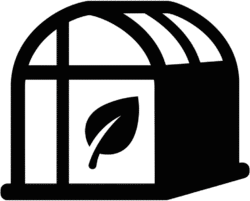 Tourist botanical garden icon featuring a minimalist solid black vector silhouette of a greenhouse structure with a leaf symbol.