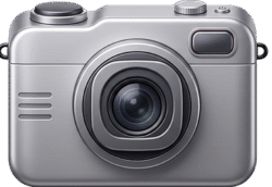 Tourist camera icon featuring a highly detailed 3D metallic silver digital camera with realistic lens reflections and hardware buttons.