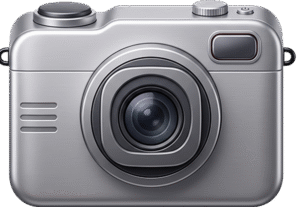 Tourist camera icon featuring a highly detailed 3D metallic silver digital camera with realistic lens reflections and hardware buttons.