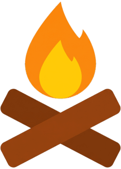 Tourist campfire symbol icon featuring a colorful flat vector illustration of a glowing orange and yellow fire over two crossed brown logs.