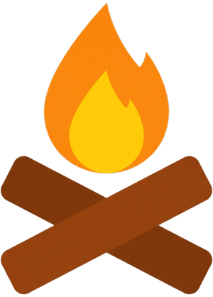 Tourist campfire symbol icon featuring a colorful flat vector illustration of a glowing orange and yellow fire over two crossed brown logs.