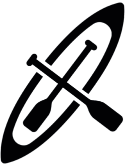 Tourist canoe adventure icon featuring a solid black minimalist vector silhouette of a canoe viewed from above with two crossed paddles.