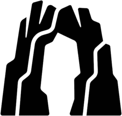 Tourist canyon icon featuring a solid black minimalist vector silhouette of a natural rock arch formation with structural lines.