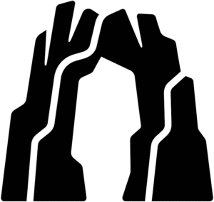 Tourist canyon icon featuring a solid black minimalist vector silhouette of a natural rock arch formation with structural lines.