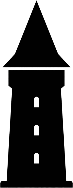 Tourist castle tower icon featuring a minimalist solid black vector silhouette of a medieval turret with a pointed roof and three arched windows.