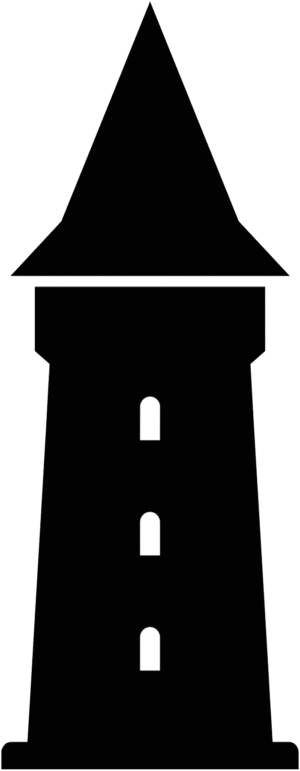 Tourist castle tower icon featuring a minimalist solid black vector silhouette of a medieval turret with a pointed roof and three arched windows.