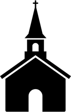 Tourist church icon featuring a minimalist solid black vector silhouette of a traditional church building with a tall steeple and cross.