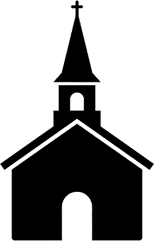 Tourist church icon featuring a minimalist solid black vector silhouette of a traditional church building with a tall steeple and cross.
