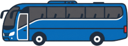Tourist coach bus travel icon featuring a flat vector illustration of a blue passenger bus with tinted windows and white accents.