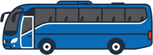 Tourist coach bus travel icon featuring a flat vector illustration of a blue passenger bus with tinted windows and white accents.