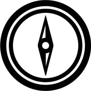 Tourist compass icon featuring a clean minimal solid black vector design with a classic circular dial and navigation needle.