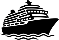 Tourist cruise ship icon featuring a clean minimalist line-art vector design of a large ocean liner sailing on water waves.