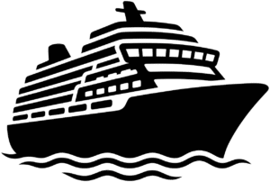 Tourist cruise ship icon featuring a clean minimalist line-art vector design of a large ocean liner sailing on water waves.