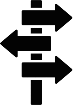 Tourist direction sign icon featuring a flat solid black silhouette of a wooden post with three arrow shaped directional boards.