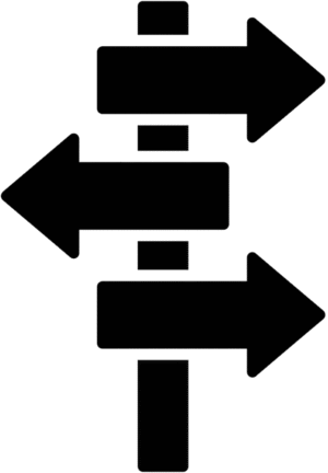 Tourist direction sign icon featuring a flat solid black silhouette of a wooden post with three arrow shaped directional boards.