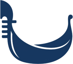 Tourist gondola boat icon featuring a clean dark blue solid vector silhouette of a traditional Venetian vessel with a curved hull.