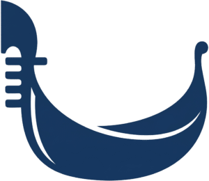Tourist gondola boat icon featuring a clean dark blue solid vector silhouette of a traditional Venetian vessel with a curved hull.